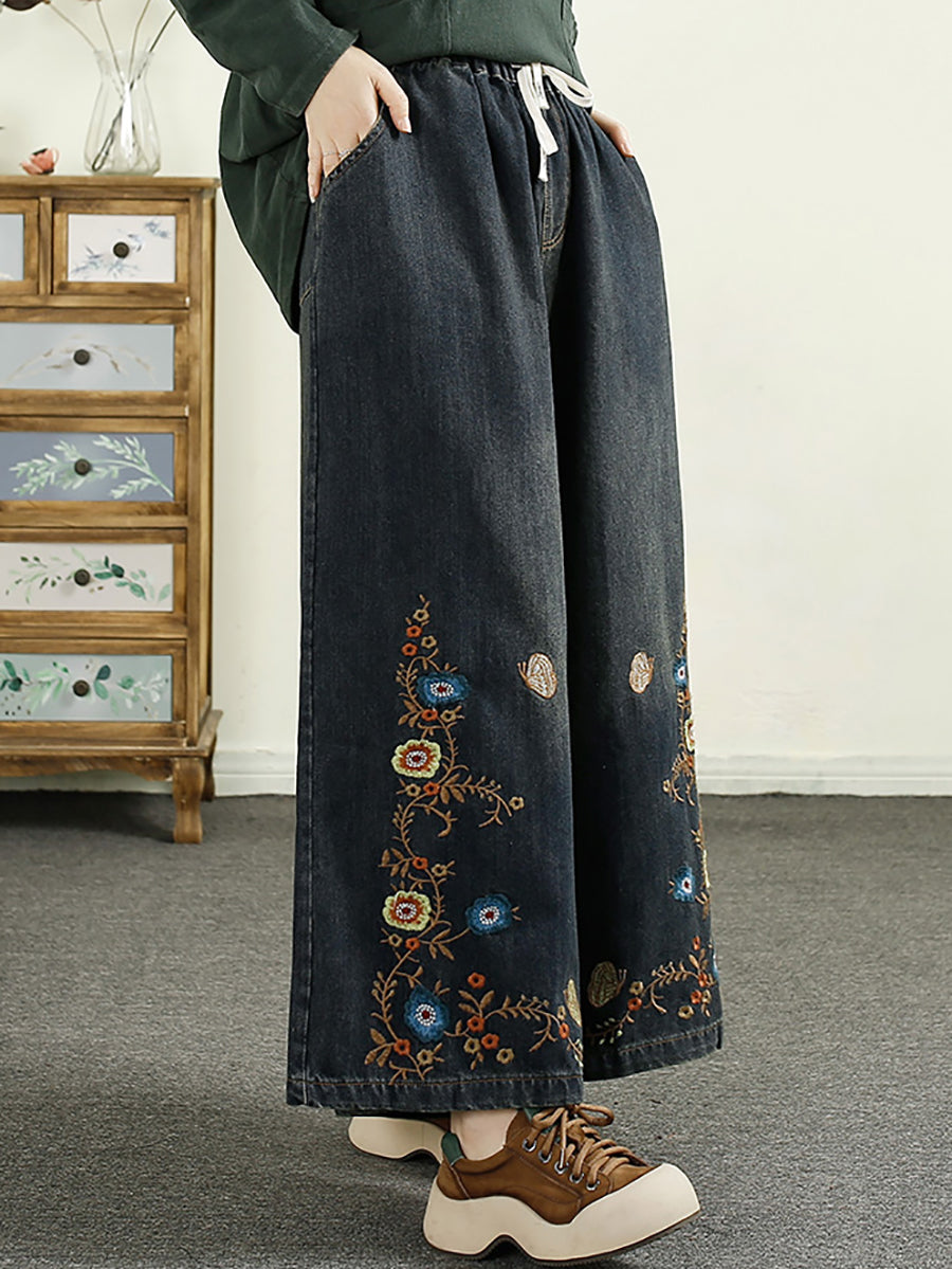 Women Vintage Autumn Flower Embroidery Wide-leg Denim Pants