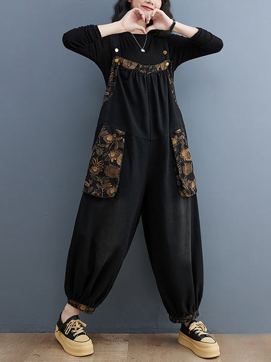 Women Vintage Floral Spliced Winter Denim Jumpsuits