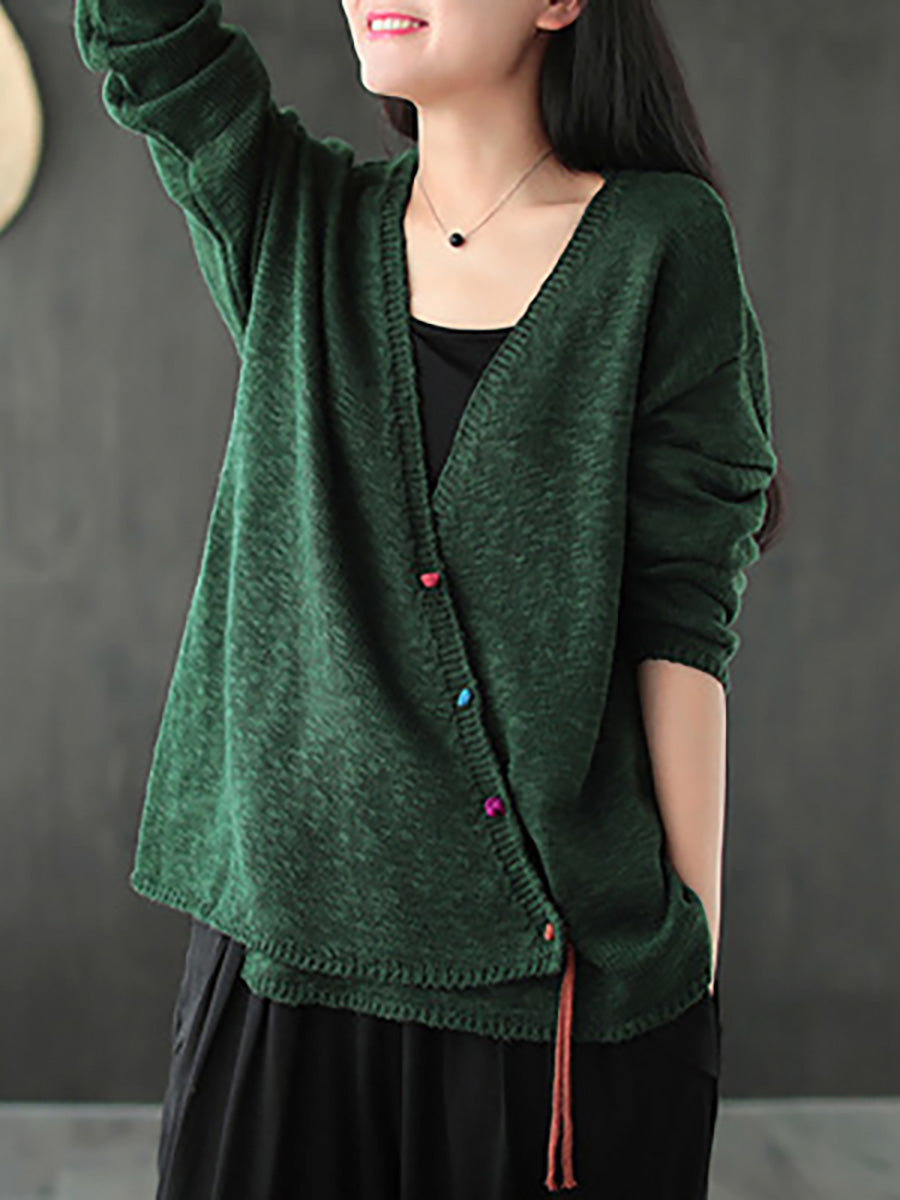 Plus Size - Women Knitted Retro Pure Color V-neck Sweater Coat