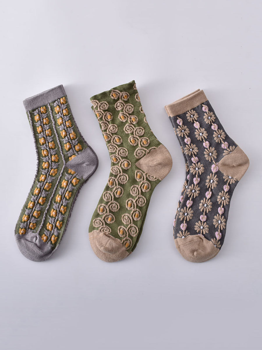 5 Pairs Women Autumn Vintage Flower Jacquard Socks