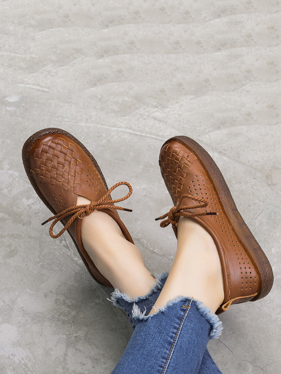 Women Vintage Summer Leather Weave Flat Shoes