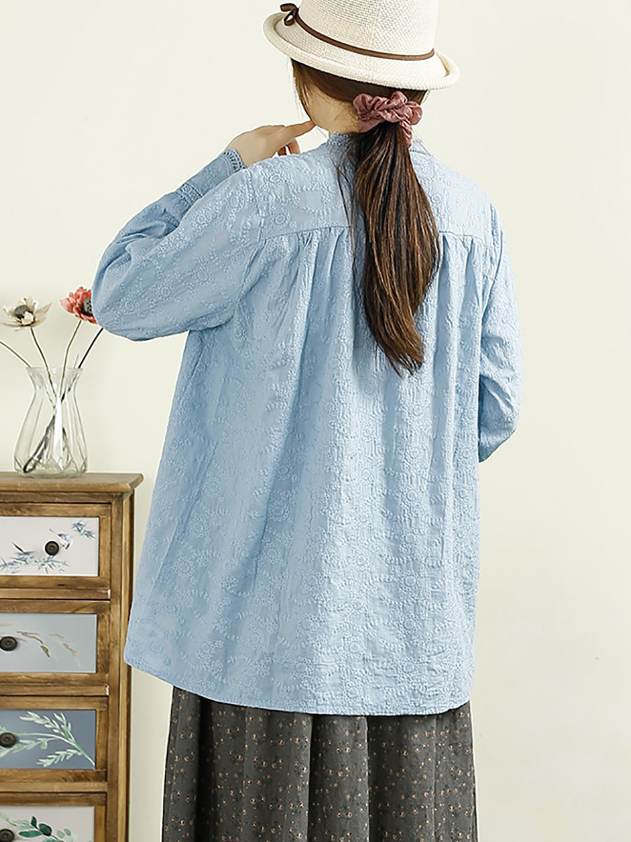 Women Autumn Vintage Embroidery Button Cotton Shirt