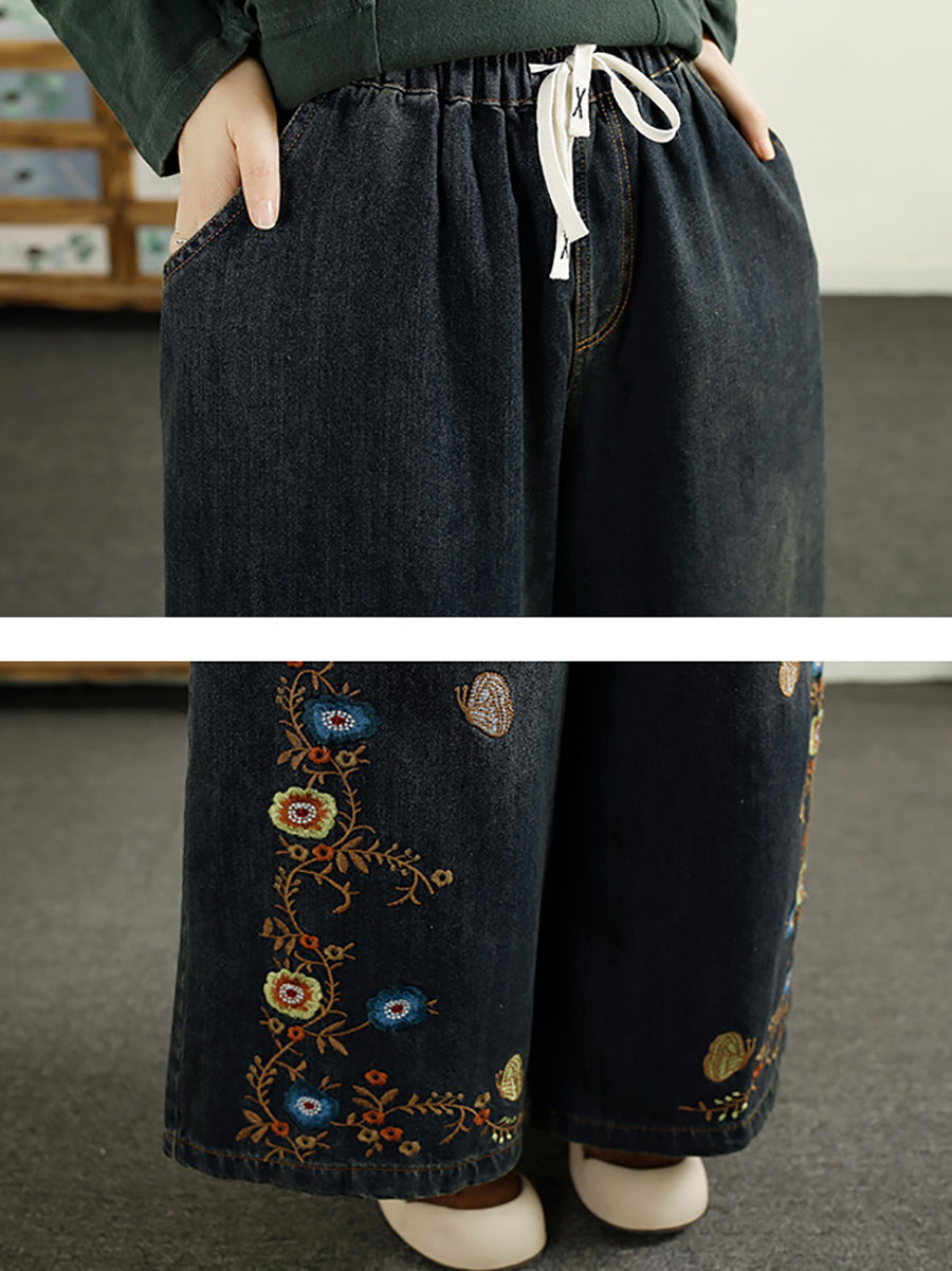 Women Vintage Autumn Flower Embroidery Wide-leg Denim Pants