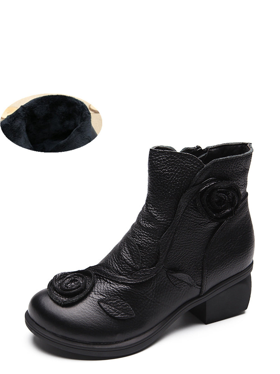 Women Retro Flower Leather Solid Mid-Heel Boots