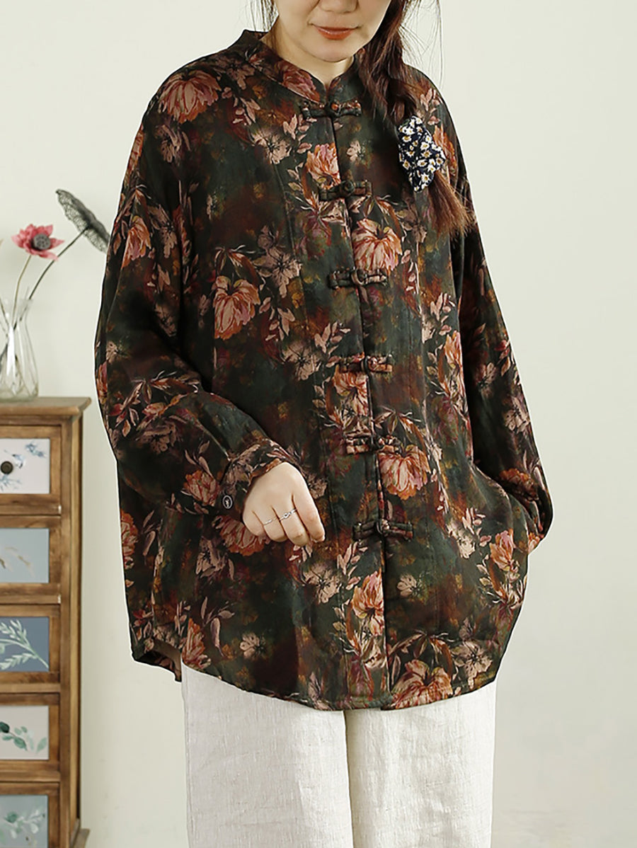 Women Autumn Flower Button-up Stand Collar Cotton Shirt