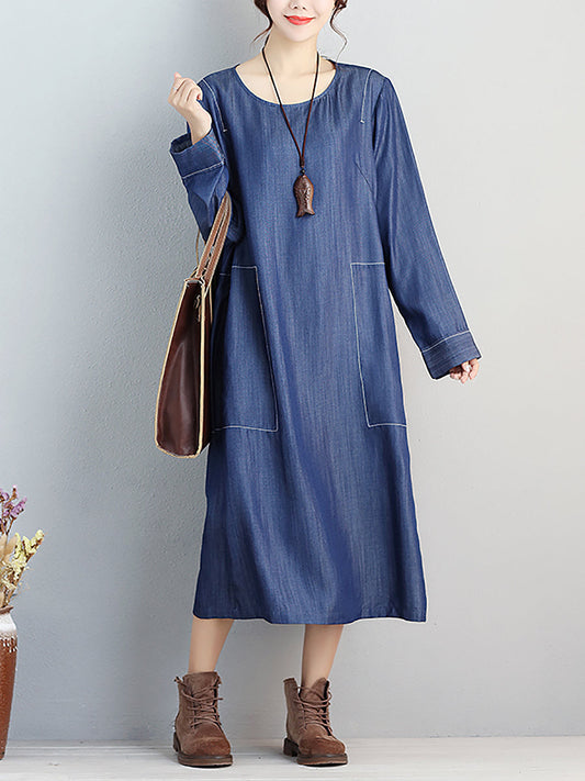 Women Casual Spring Simple Round Neck Loose Dress