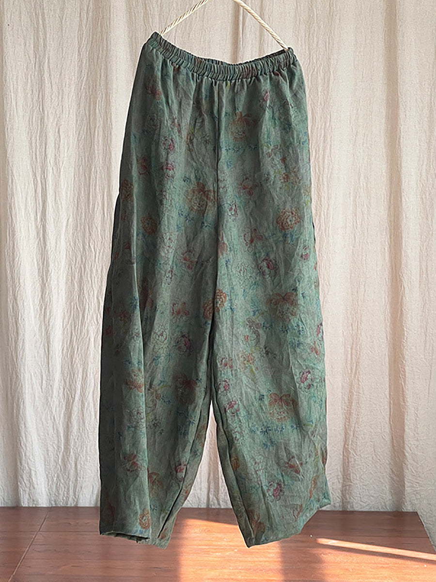 Women Vintage Floral Spring Wide-leg Pants