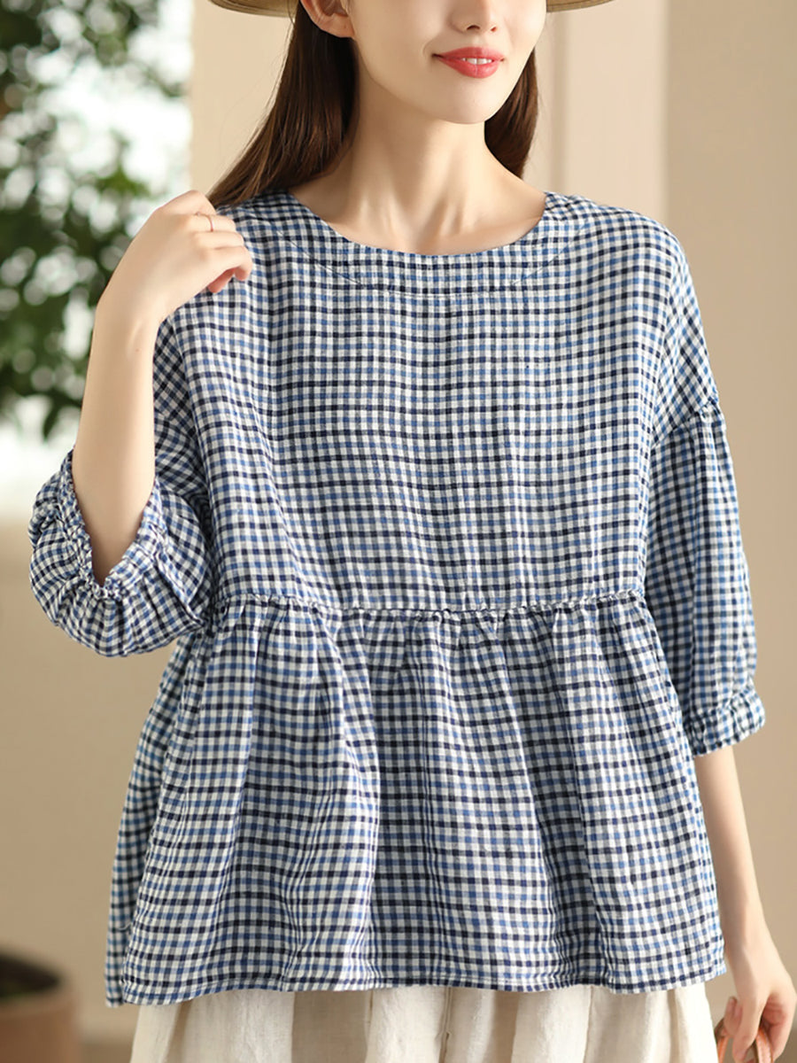 Women Summer Vintage Plaid Spliced Linen Shirt