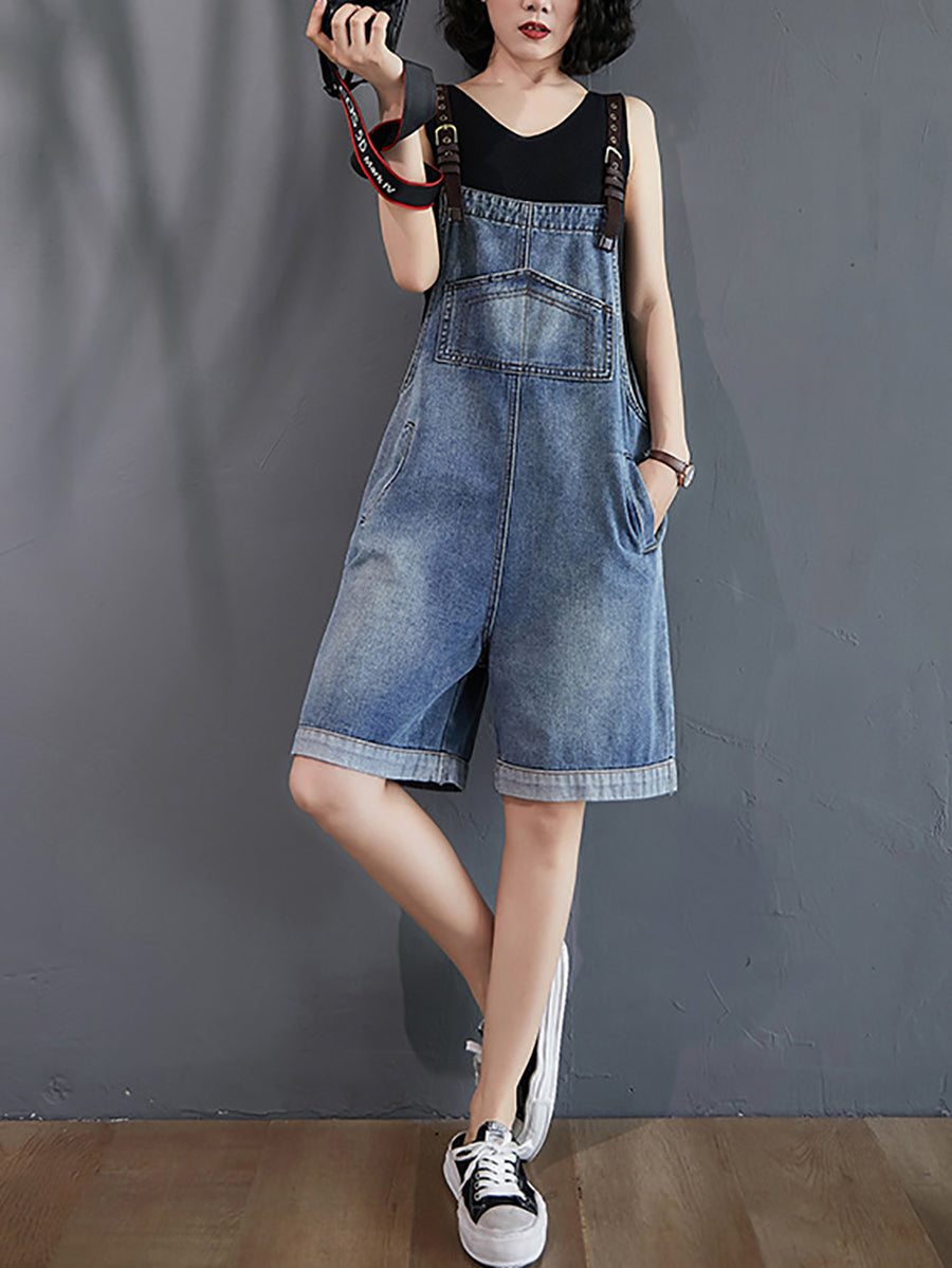 Women Summer Casual Solid Denim Wide-leg Short Jumpsuits