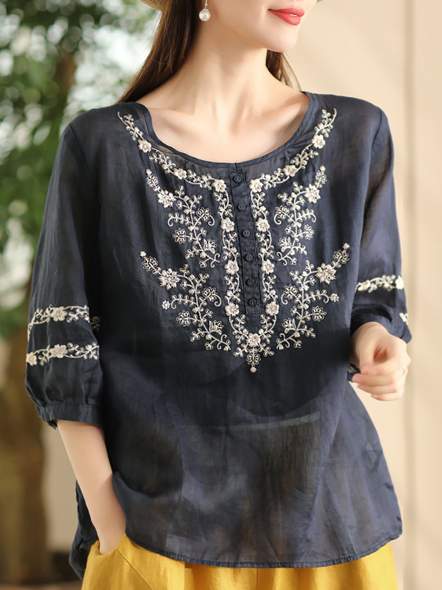 Women Summer Artsy Flower Embroidery O-Neck Ramie Shirt