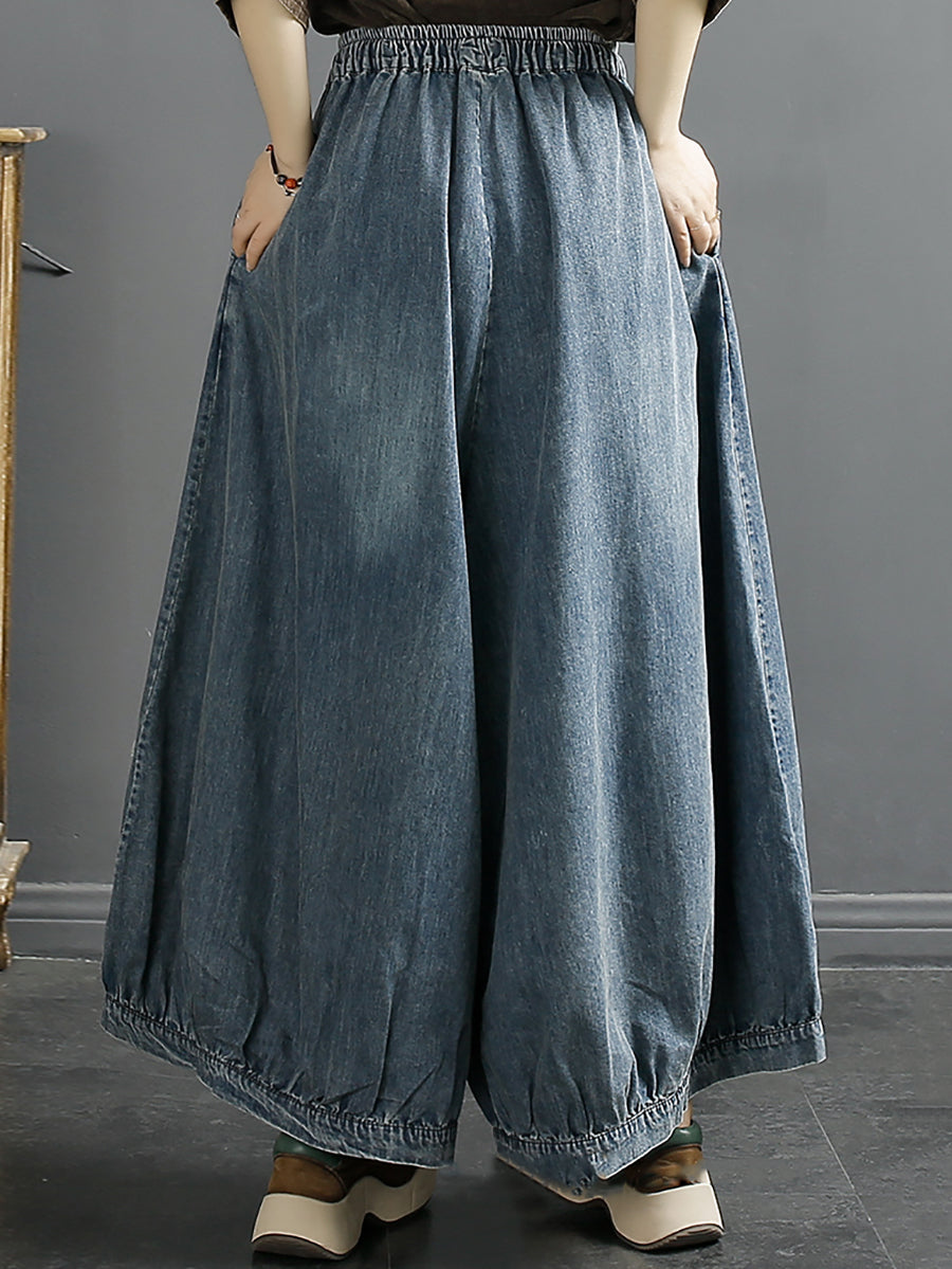 Women Spring Flower Embroidery Denim Wide-leg Pants