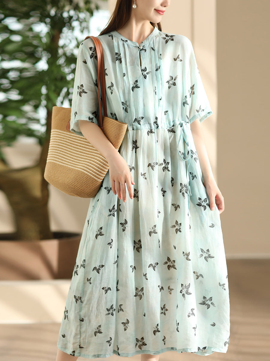 Women Summer Flower Shirred Artsy Strap Waist Dress