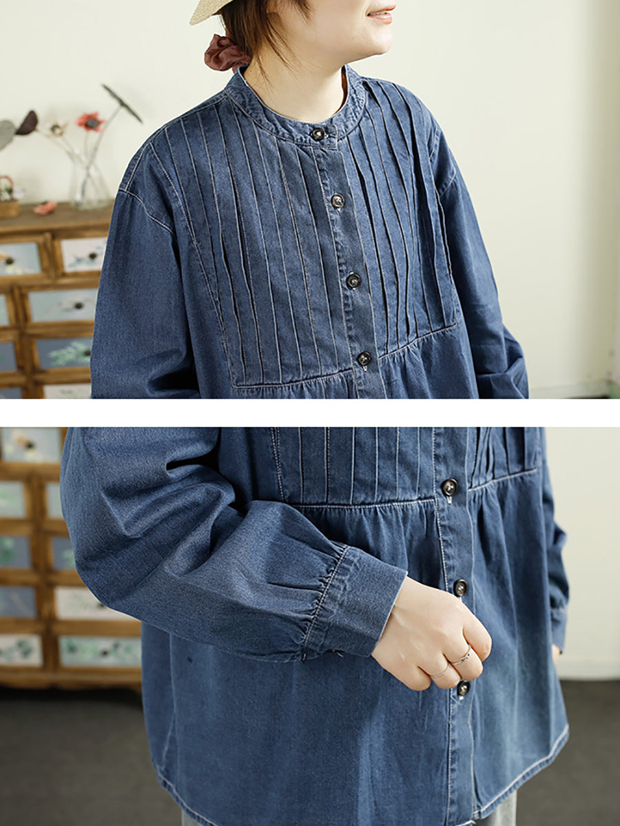 Women Autumn Casual O-Neck Shirred Denim Shirt