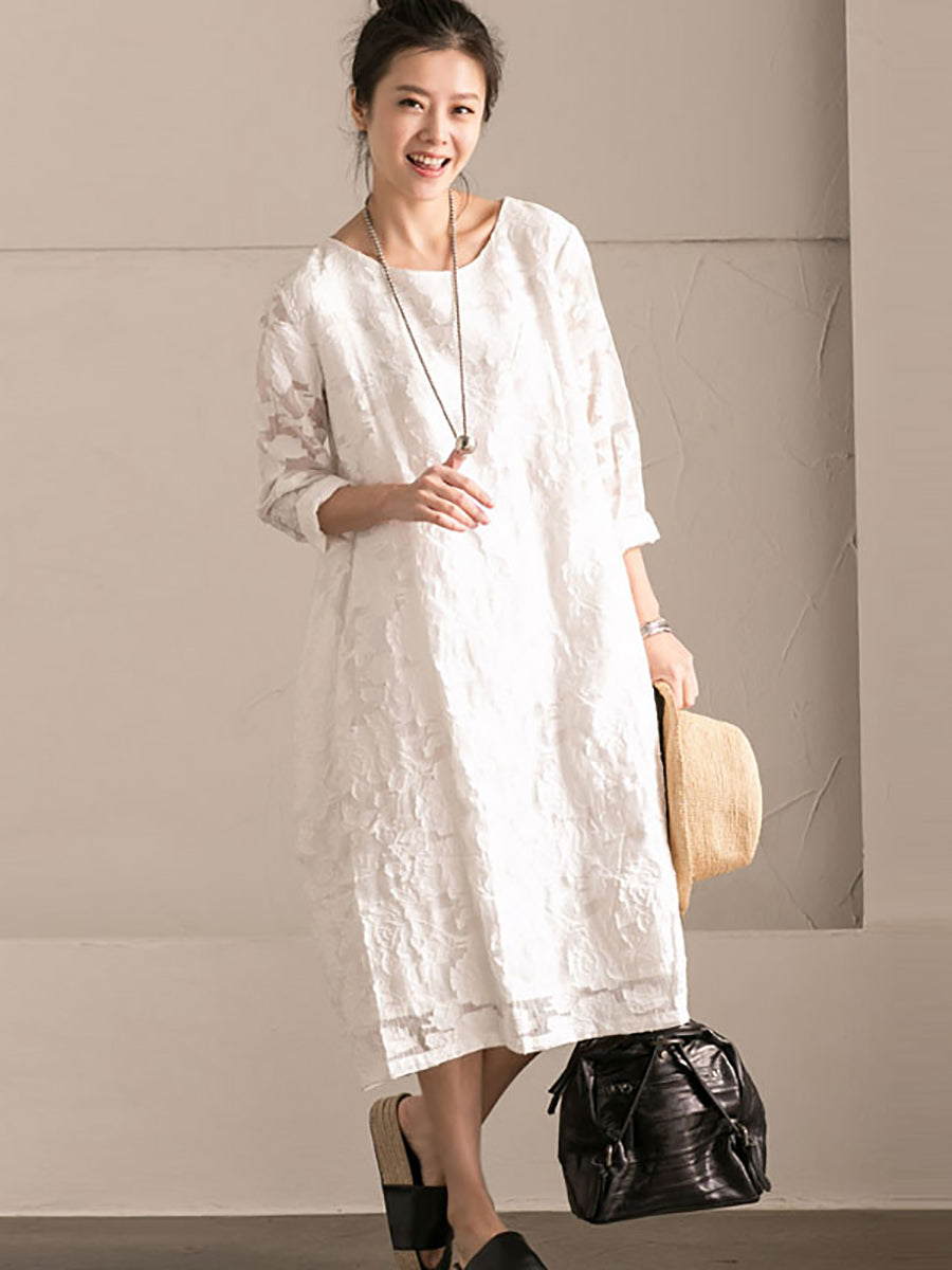 Plus Size Women Autumn Solid Lace Floral White Dress