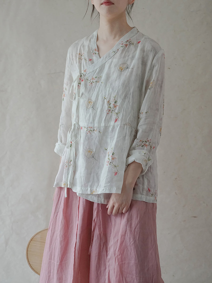 Women Chinese Style Flower Drawstring Loose Shirt