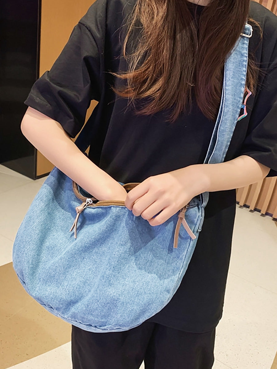 Casual Solid Denim Large Capacity Crossbody Bag