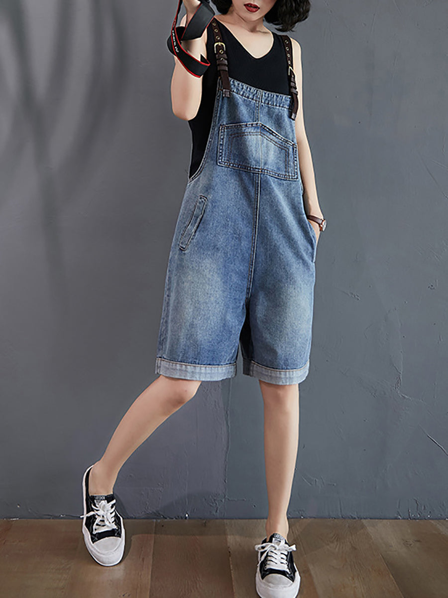 Women Summer Casual Solid Denim Wide-leg Short Jumpsuits