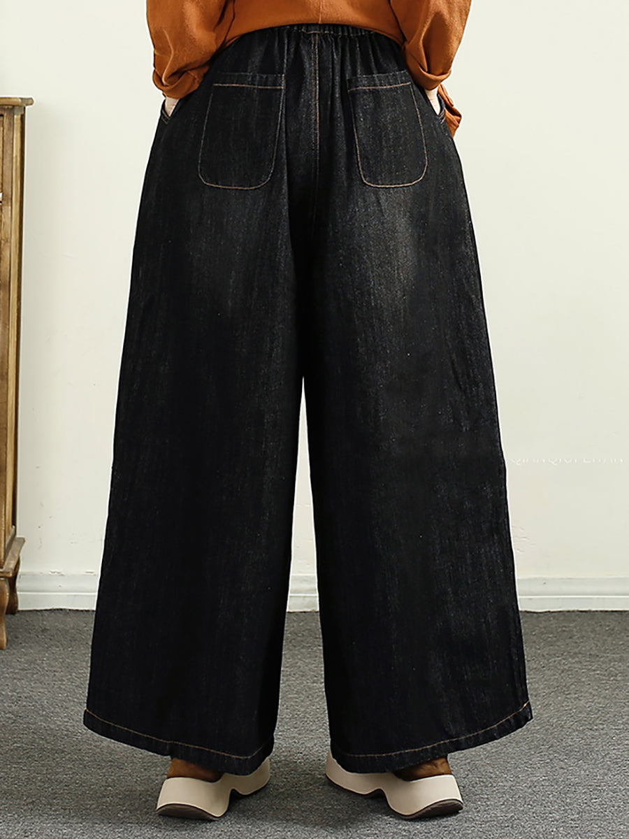 Women Vintage Autumn Flower Embroidery Wide-leg Denim Pants