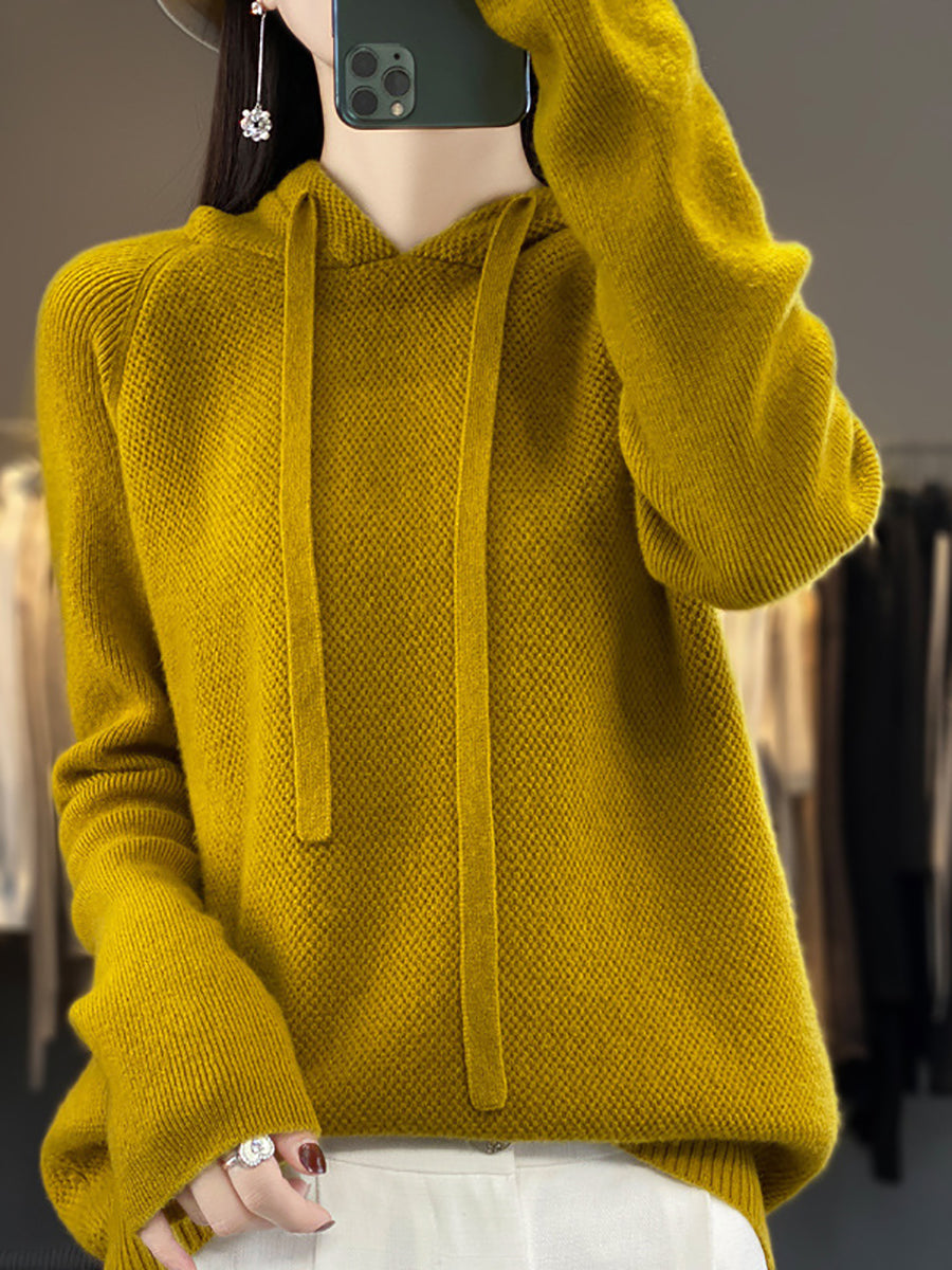 Women Winter Wool Solid Hooded Sweater