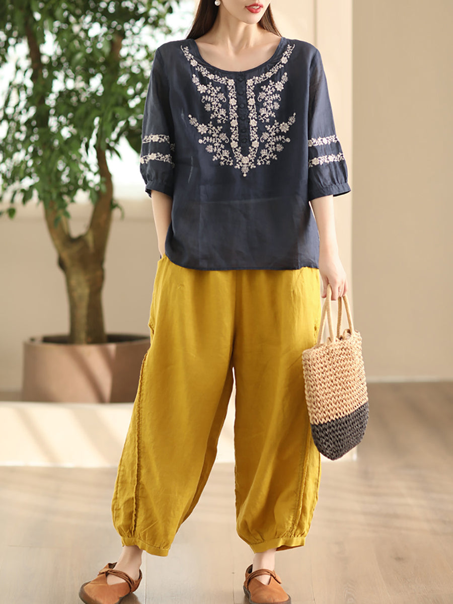 Women Summer Artsy Flower Embroidery O-Neck Ramie Shirt