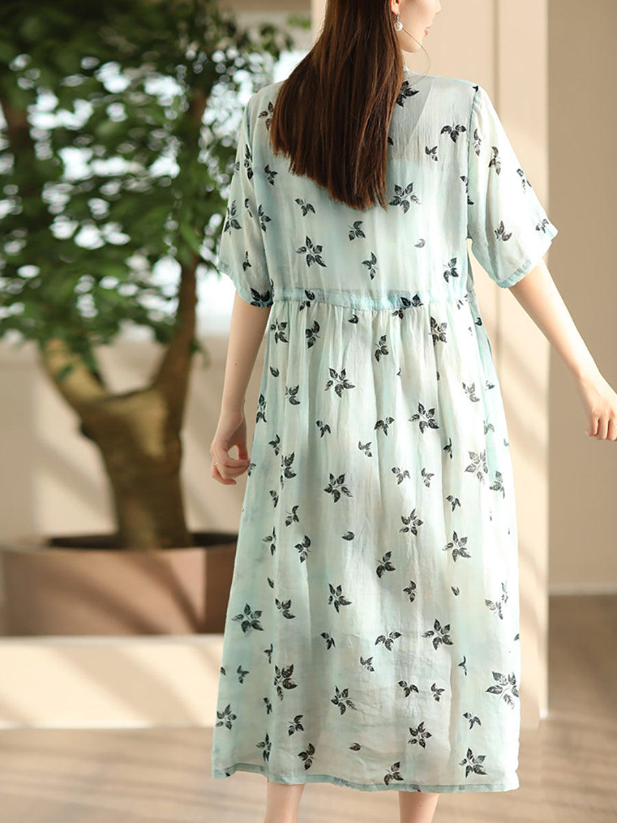 Women Summer Flower Shirred Artsy Strap Waist Dress