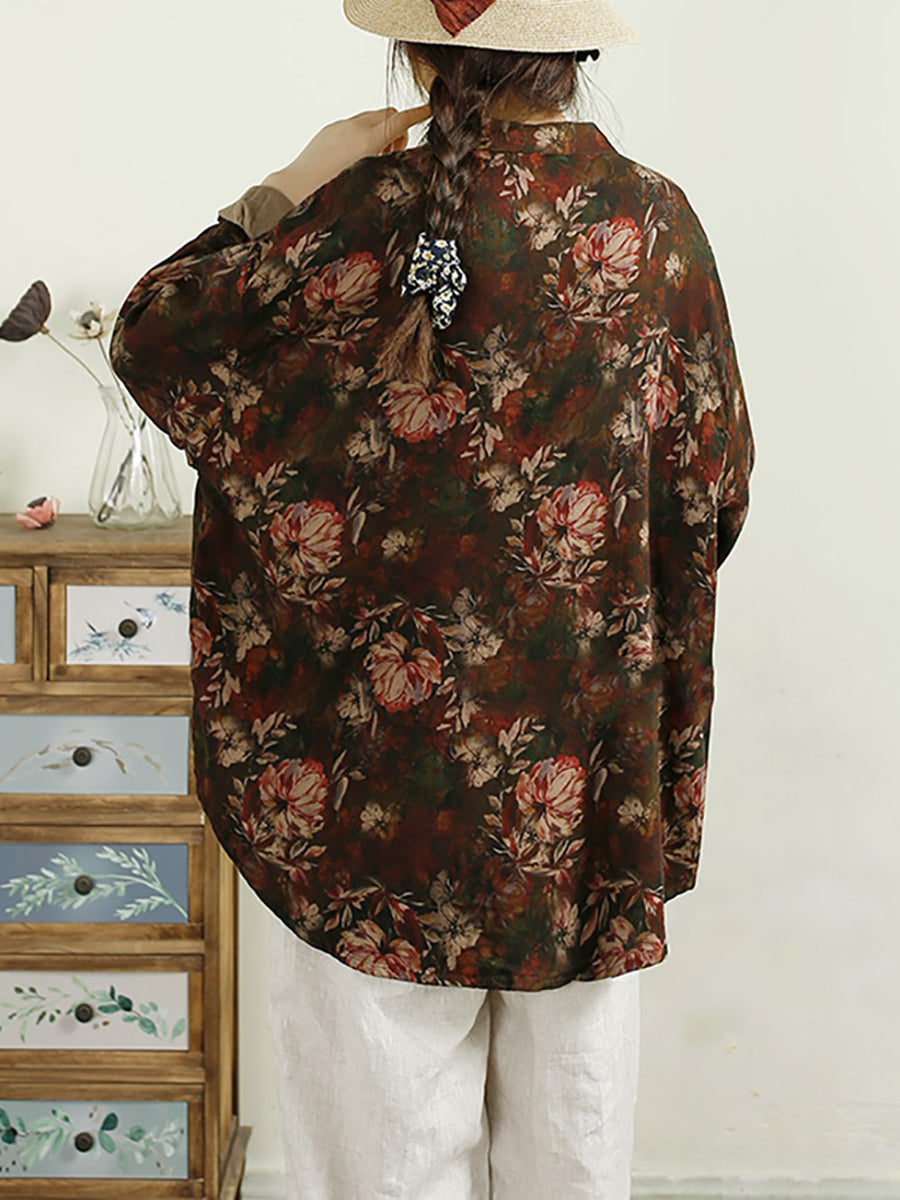 Women Autumn Flower Button-up Stand Collar Cotton Shirt