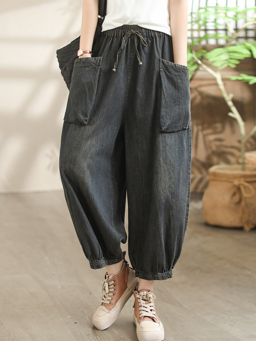 Women Summer Vintage Solid Pocket Harem Denim Pants