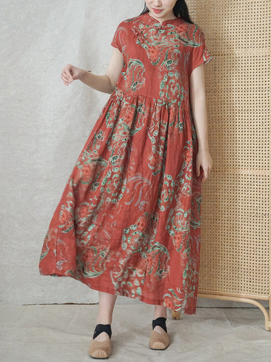 Plus Size Women Summer Ethnic Flower Ramie Dress