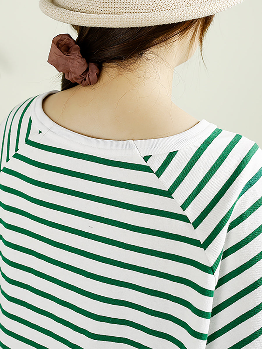 Women Summer Casual Stripe O-Neck Cotton Shirt