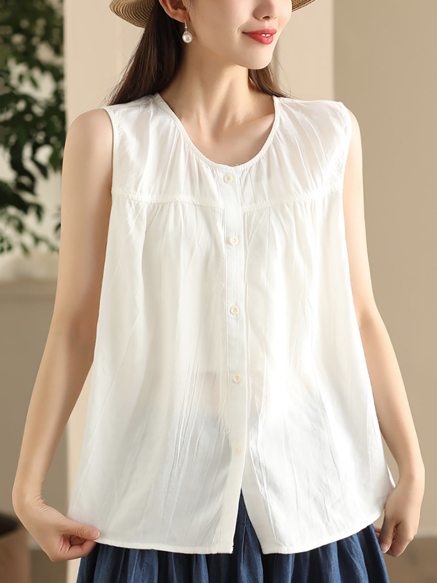 Women Casual Solid Spliced O-Neck Button-up Linen Vest