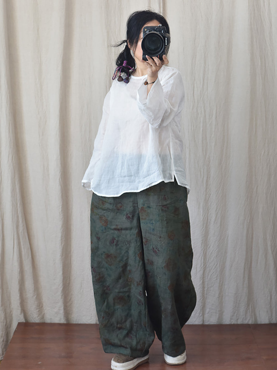 Women Vintage Floral Spring Wide-leg Pants