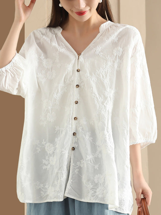 Women Summer Artsy Flower Jacquard Thin Button Cotton Shirt