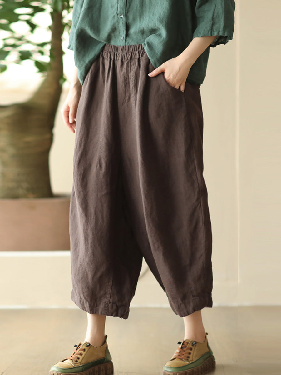 Women Summer Retro Solid Linen Loose Harem Pants