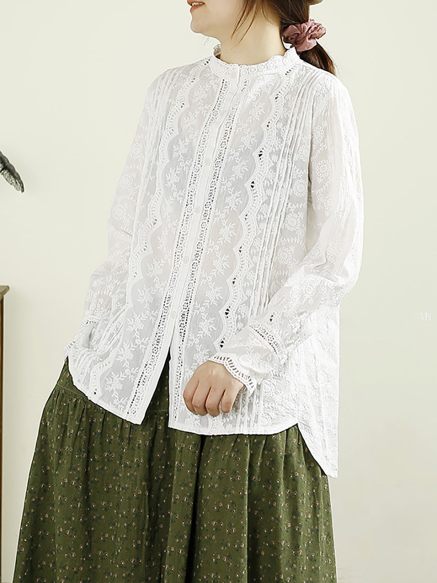 Women Autumn Vintage Embroidery Button Cotton Shirt