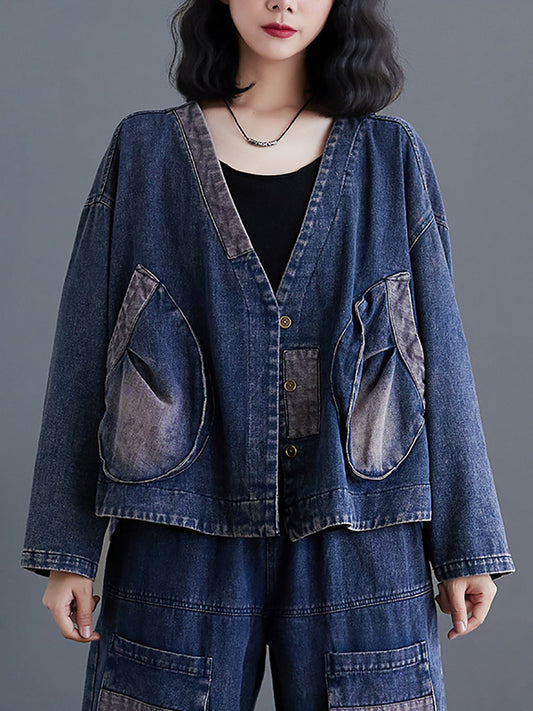 Women Retro Spring Spliced Big Pocket Denim Coat