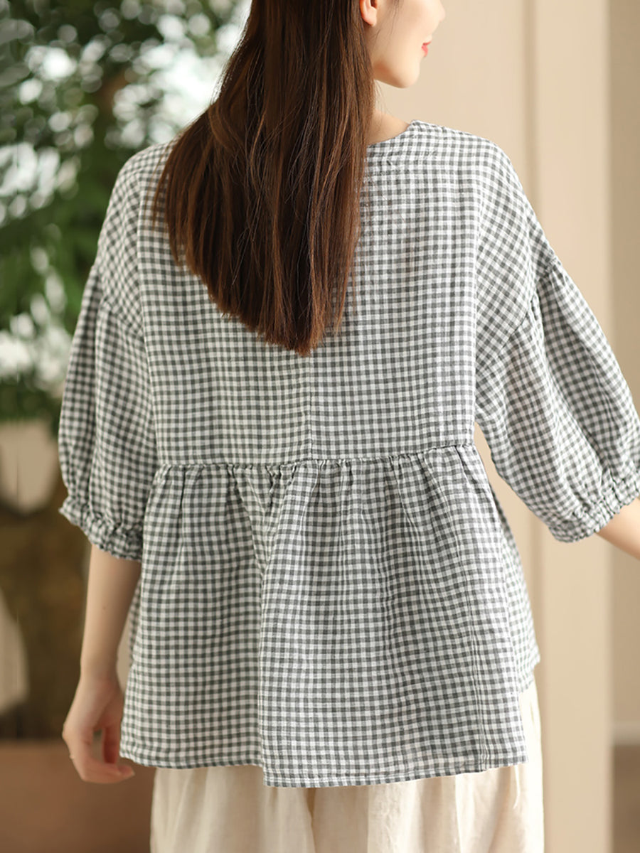 Women Summer Vintage Plaid Spliced Linen Shirt