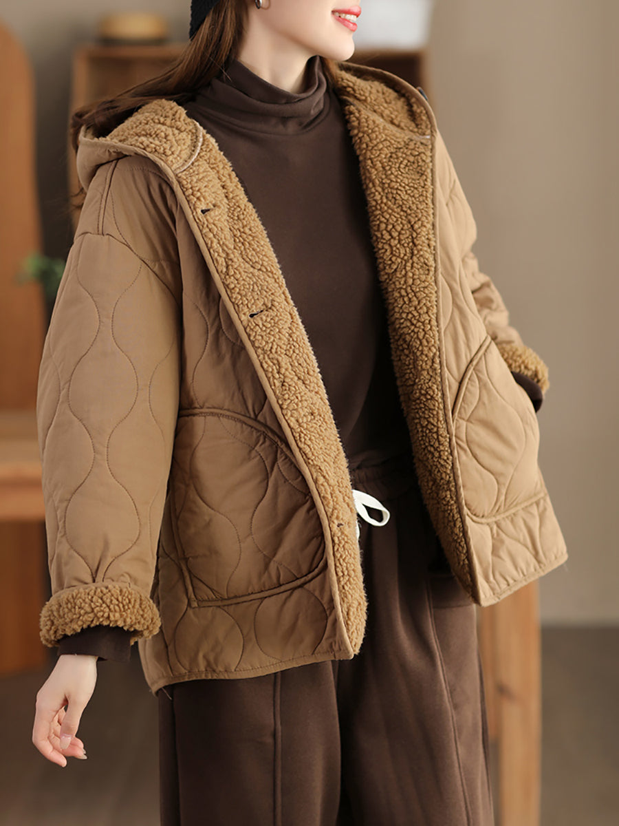 Women Winter Casual Fleece-lined Cotton Hooded Coat