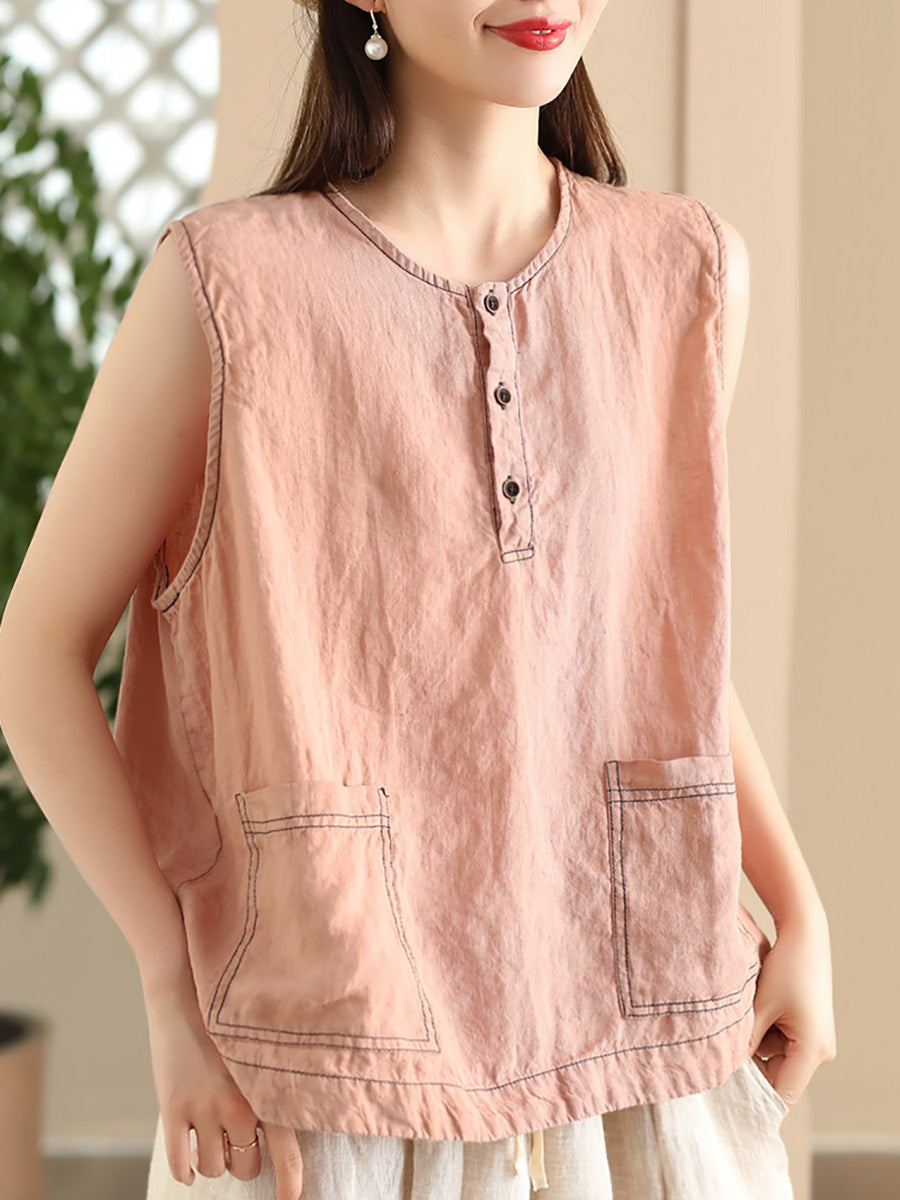 Women Summer Vintage Solid Pocket O-Neck Linen Vest