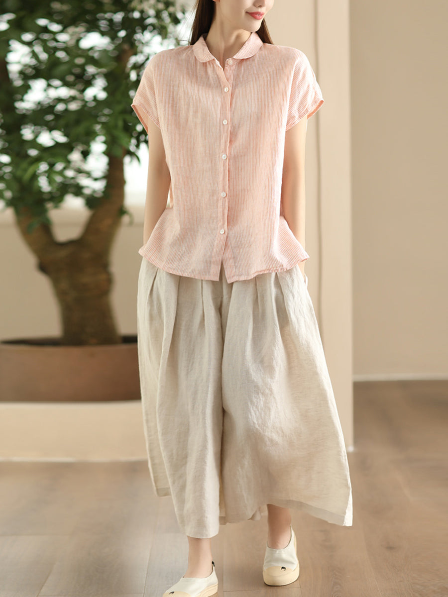 Women Summer Artsy Stripe Button-up Linen Shirt