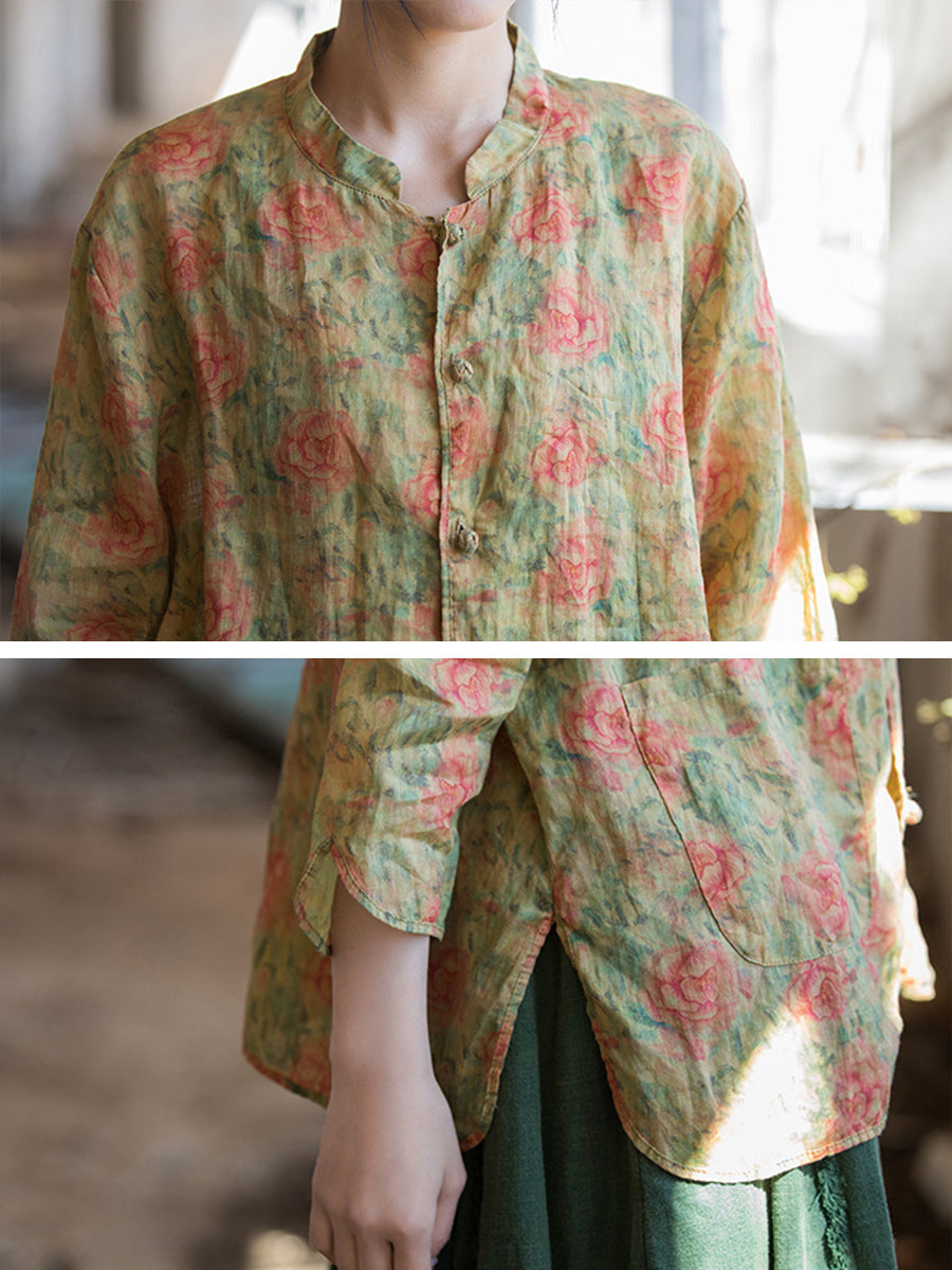 Women Retro Summer Button Flower Print Shirt