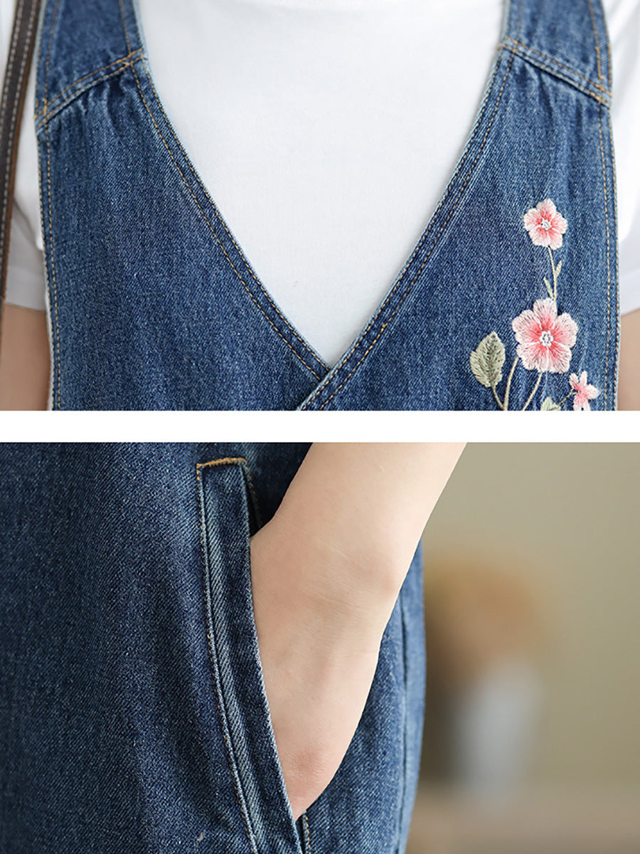 Women Spring Vintage Flower Embroidery Denim Jumpsuits