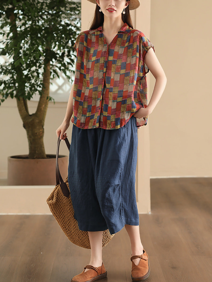 Women Summer Vintage Solid Loose Wide-leg Pants