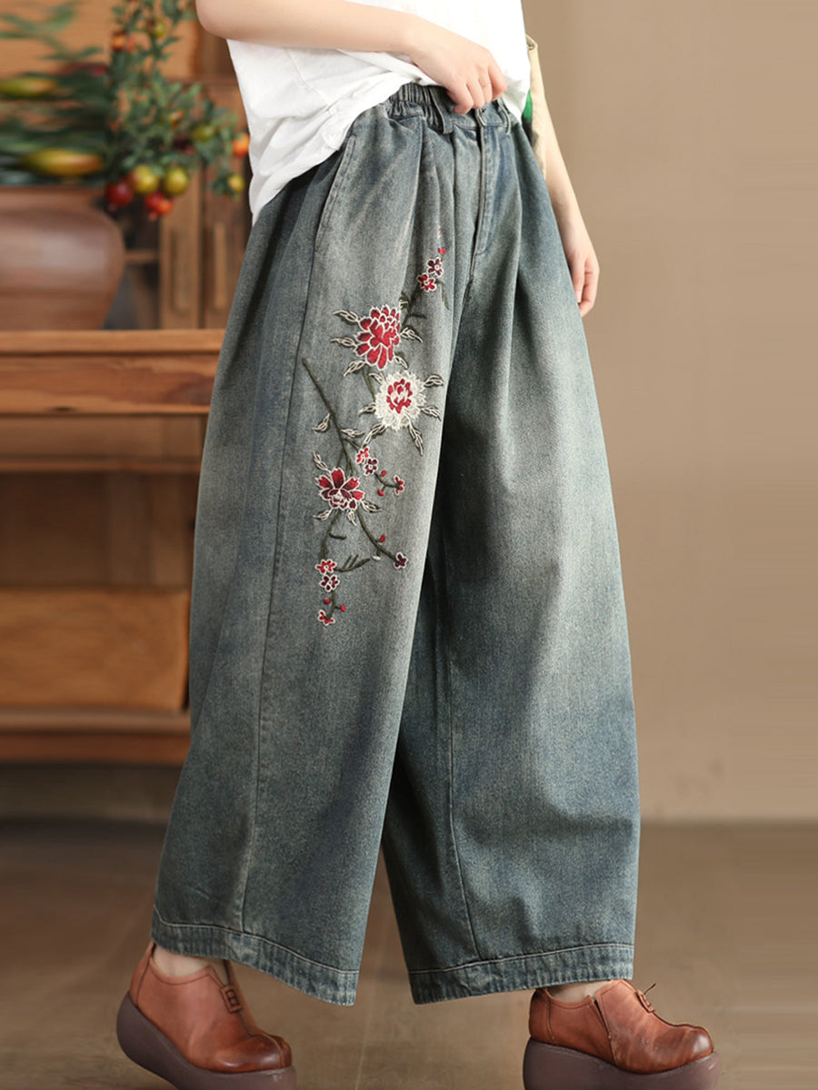 Women Spring Vintage Flower Embroidery Denim Pants