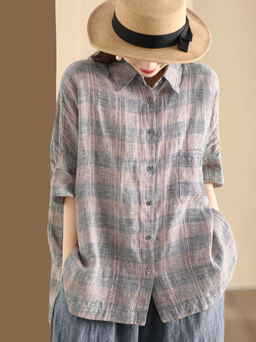 Women Retro Summer Plaid Linen Button-Up Blouse