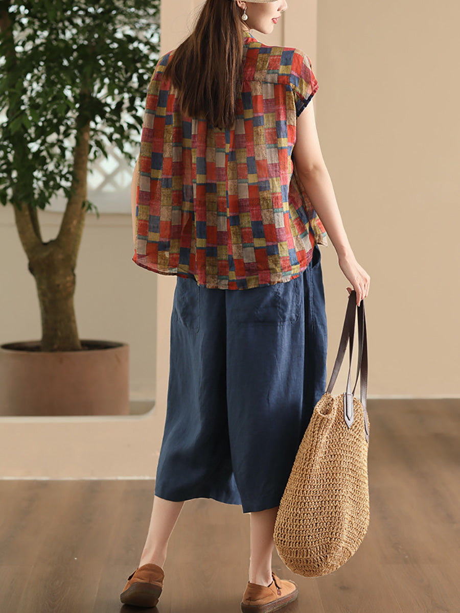 Women Summer Vintage Solid Loose Wide-leg Pants