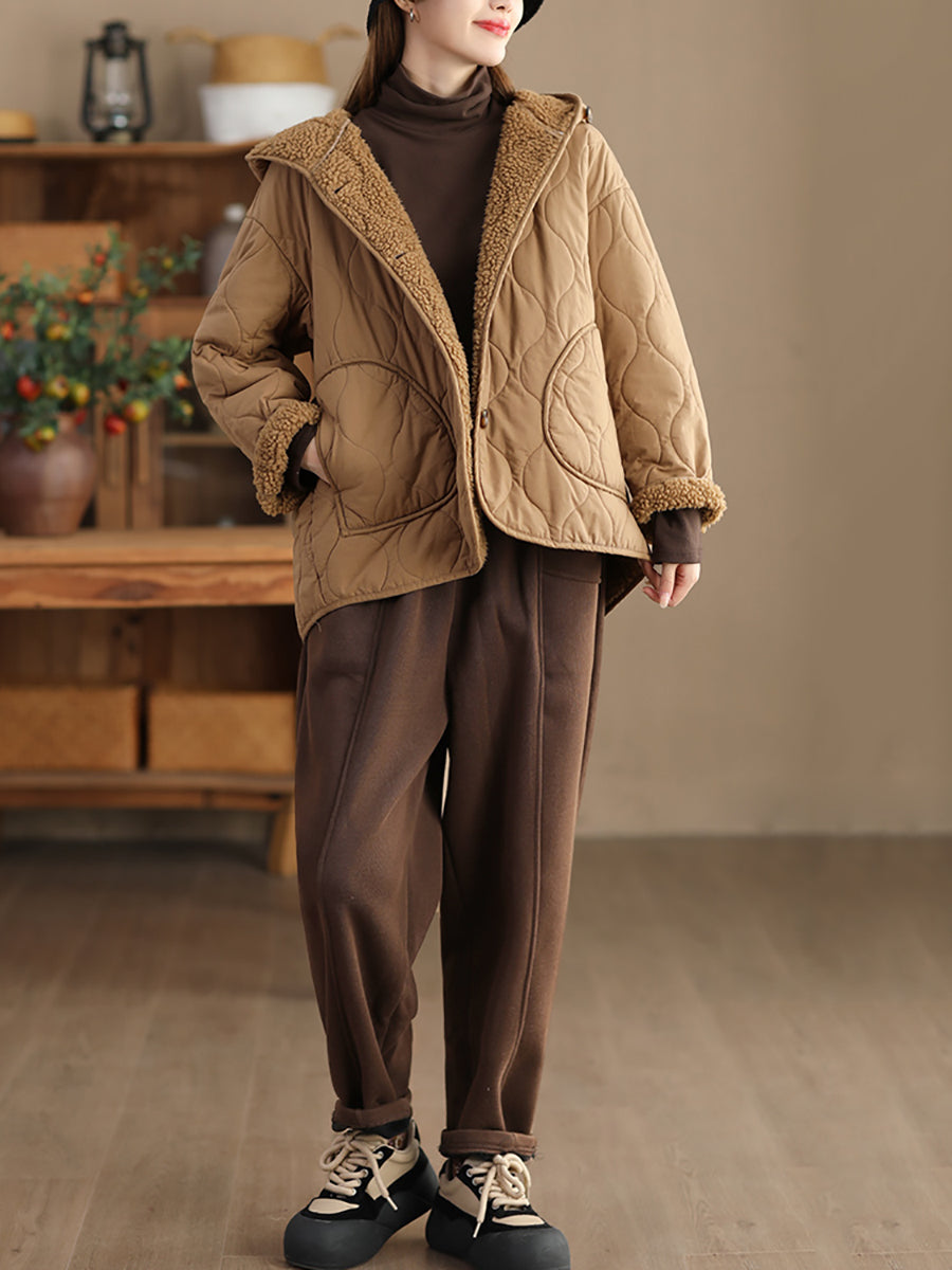 Women Winter Casual Fleece-lined Cotton Hooded Coat