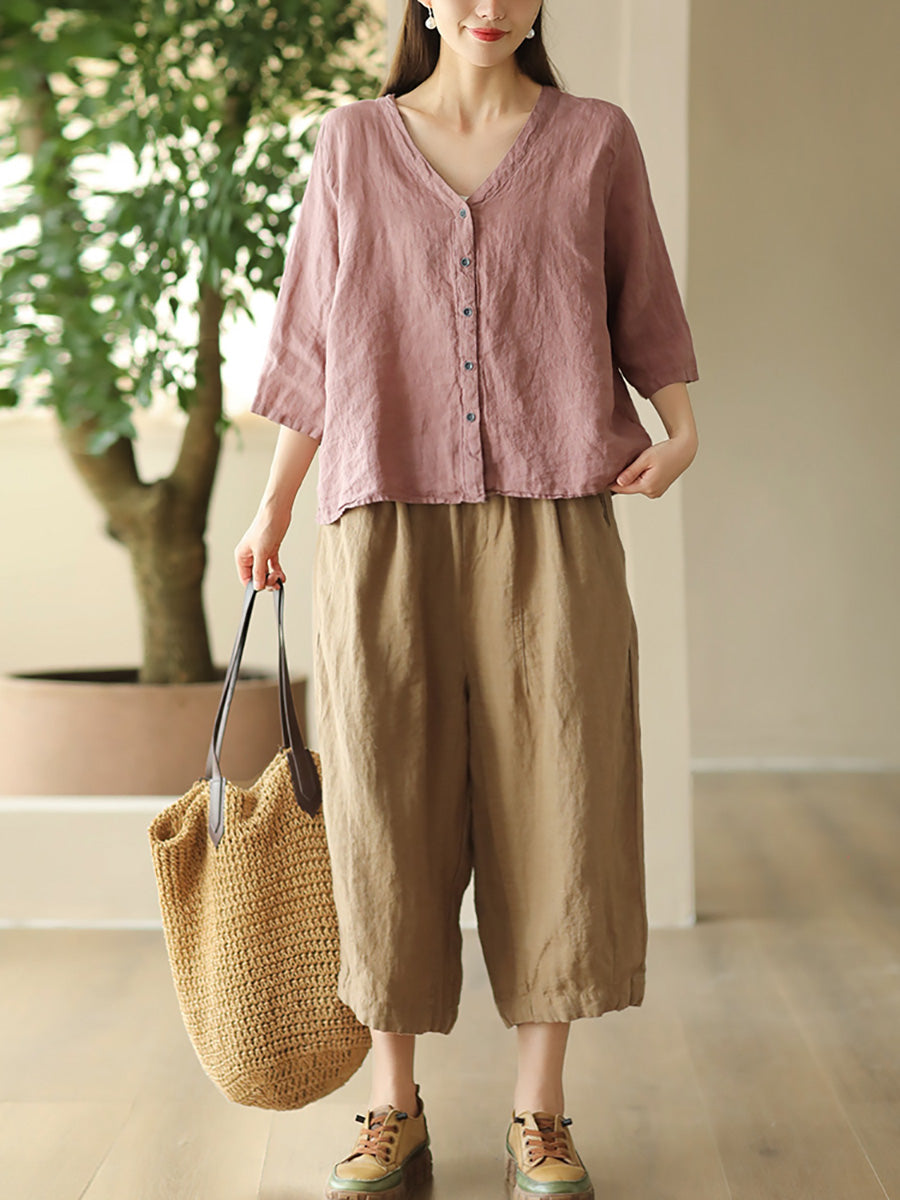 Women Summer Retro Solid Linen Loose Harem Pants