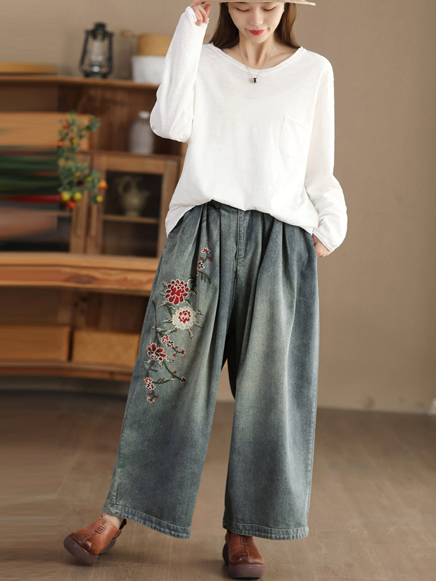 Women Spring Vintage Flower Embroidery Denim Pants