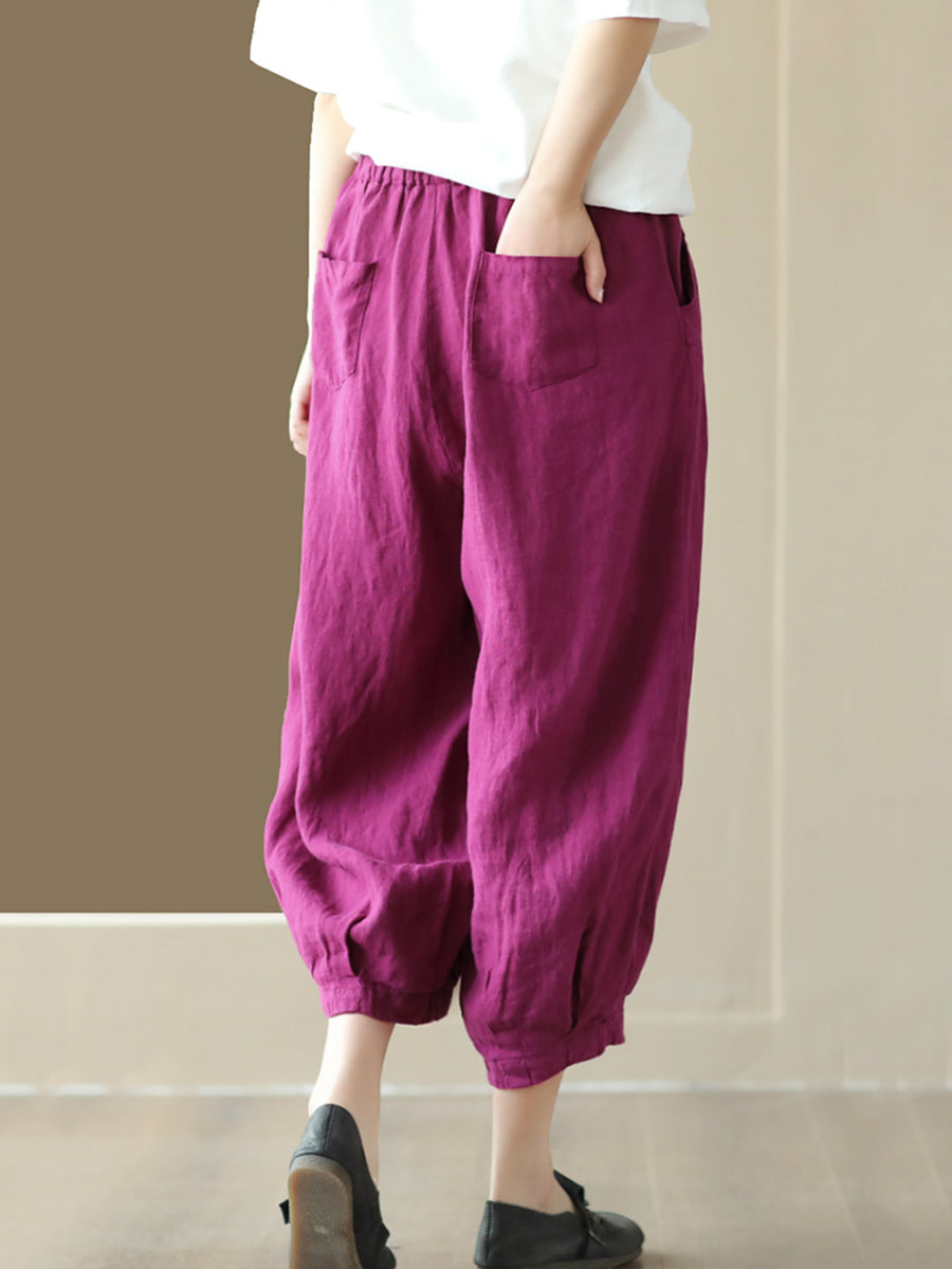 Plus Size Women Summer Solid Pocket Pleat Drawstring Harem Pants