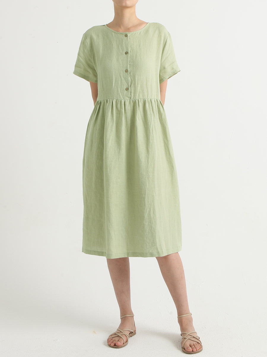 Plus Size Casual Linen Pleated Short Sleeve Loose Dress